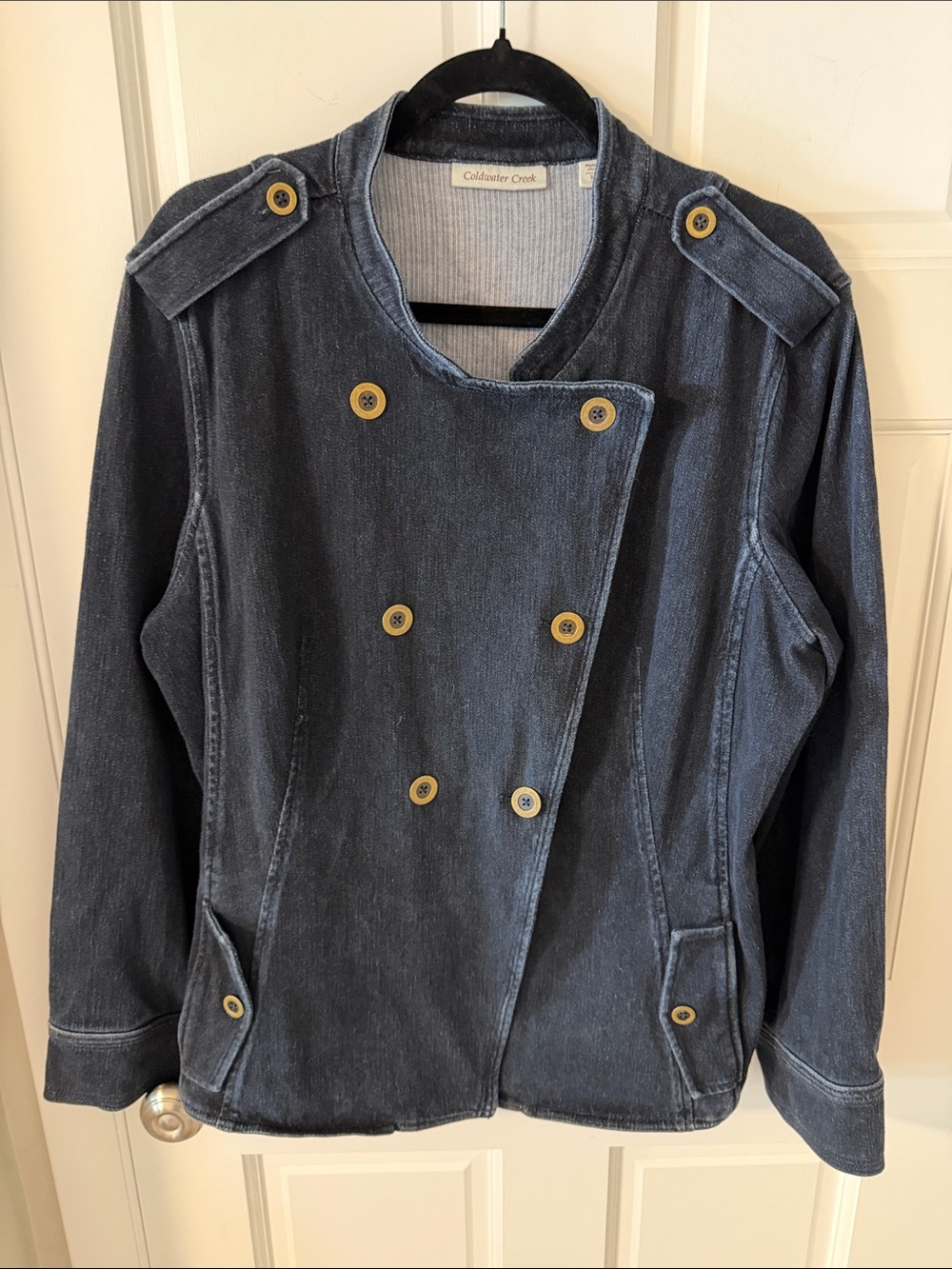 Coldwater Creek Double Breasted Stretch Denim Military Jacket Soft Size XL 18